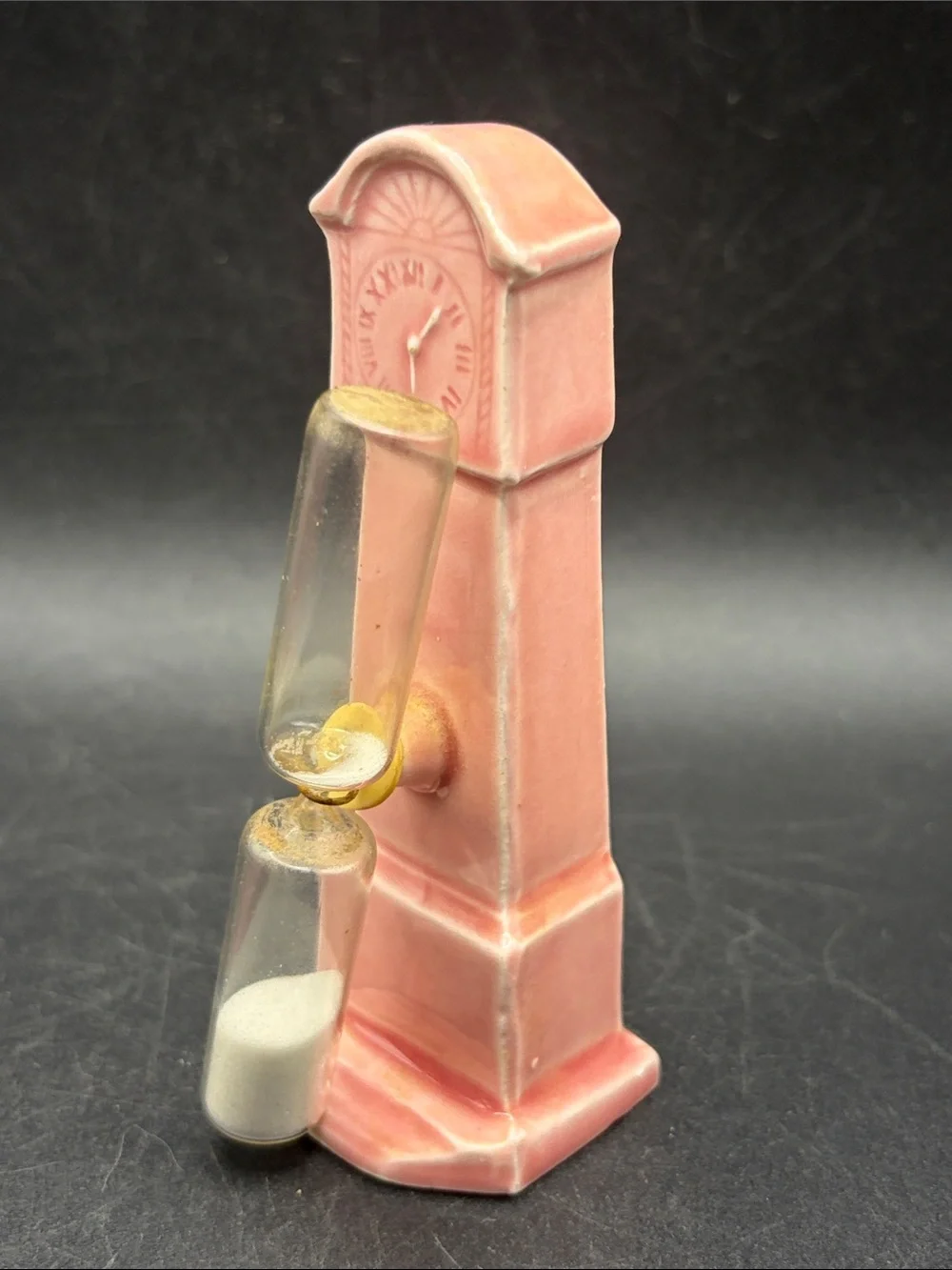 Vintage German Pink Grandfather Clock Figure Ceramic Time Keeper Hourglass Decor